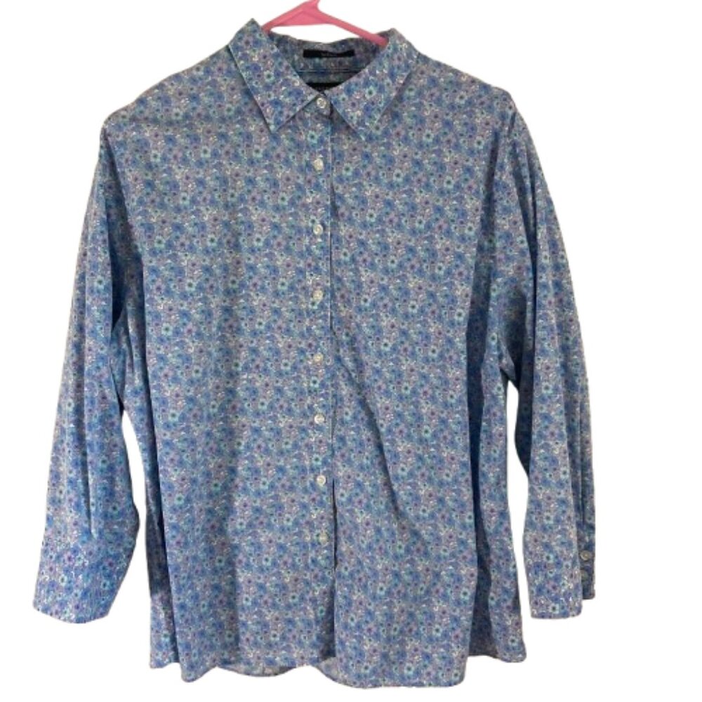 Lands' End Blouse No Iron Button Down Floral Cotton 3/4 sleeve Cottagecore sz 18